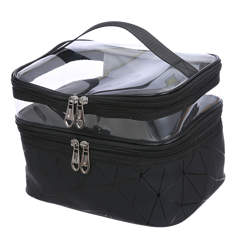 Double Layer Travel Makeup Bag Waterproof Leather Large Cosmetic Case Organiz