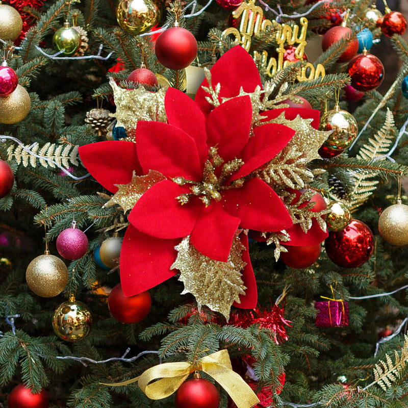 Christmas Trees Decor Glitter Artificial Poinsettia Bush Wreath (Red) Newly