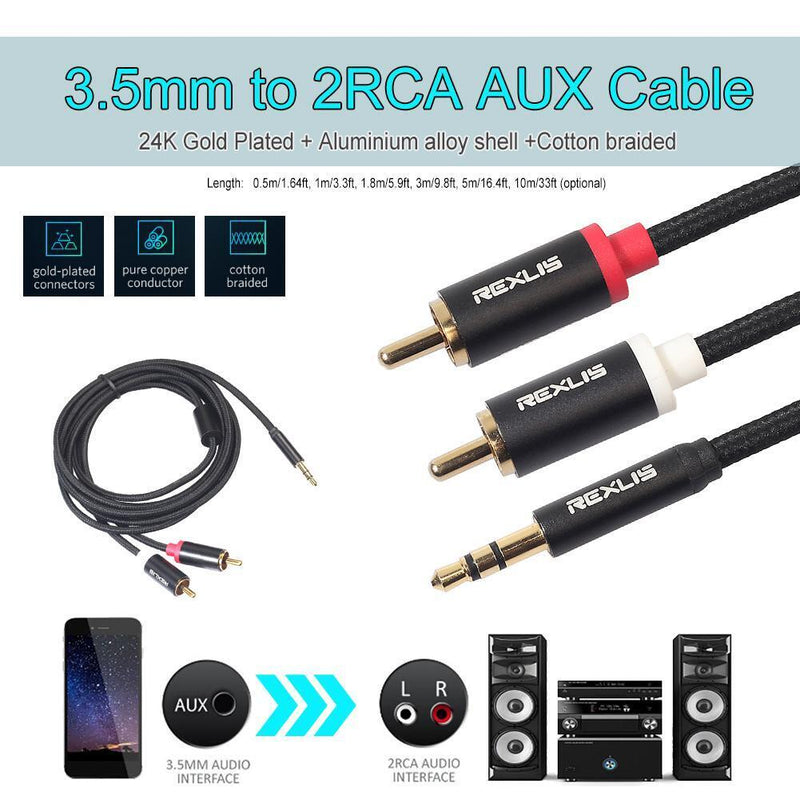 3pcs 3.5mm Jack Male to 2 RCA Aux Cable Cotton Braid for Home Theate (10 m)