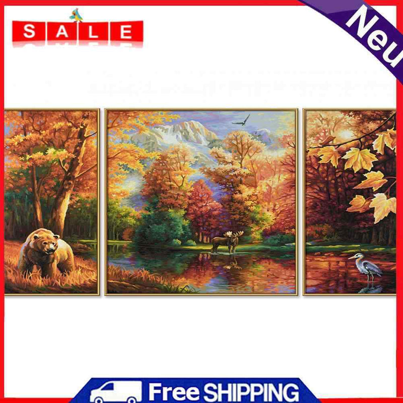 3 Panels Fall Forest Animals Oil Paint By Numbers Kits DIY Handpainted on Canvas
