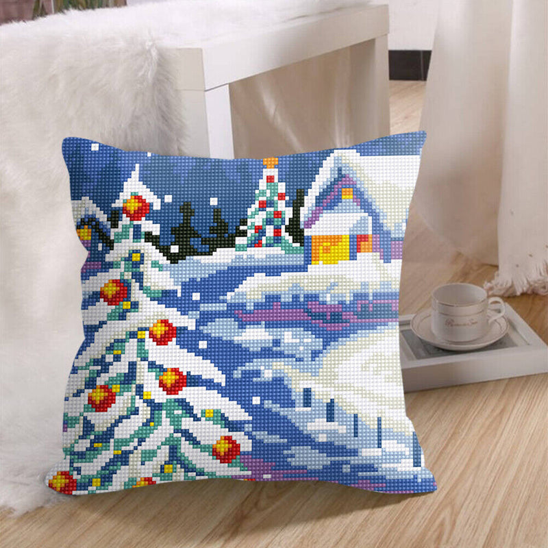 Snow Scene Stamped DIY Cross Stitch Throw Pillowcase 6CT Kit for Car Office Sofa