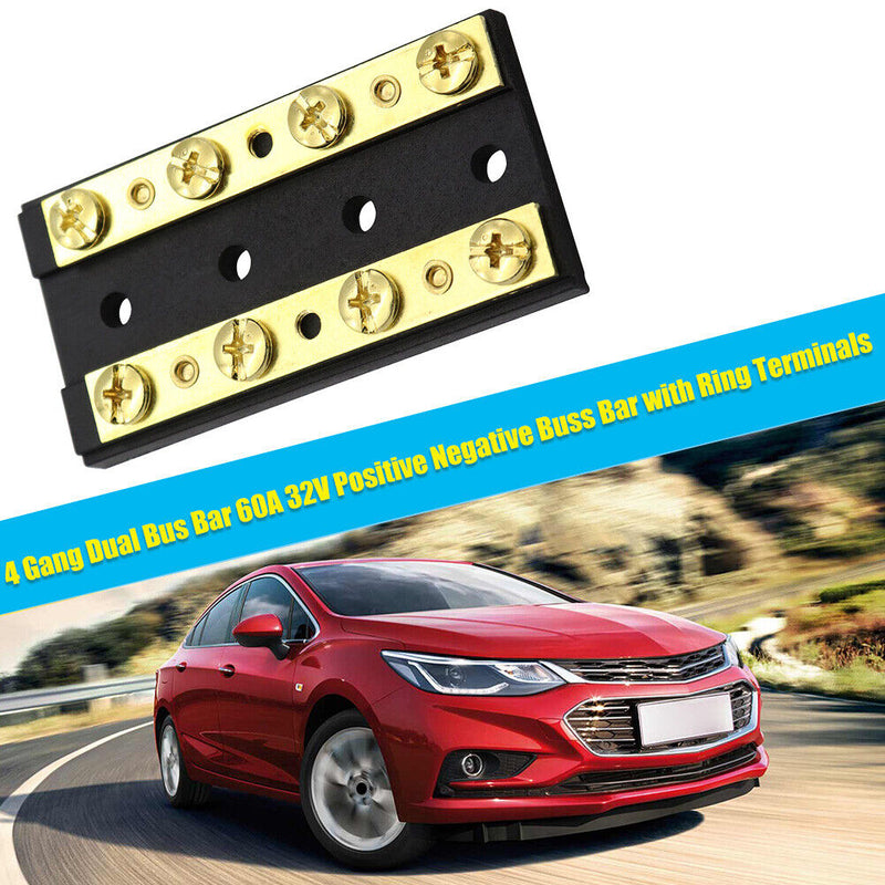 4 Gang Dual Bus Bar 60A 32V Positive Negative Buss Bar with Ring Terminals Newly