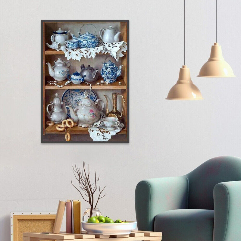 5D DIY Full Drill Diamond Painting Tea Set Cross Stitch Embroidery Round Rhinest