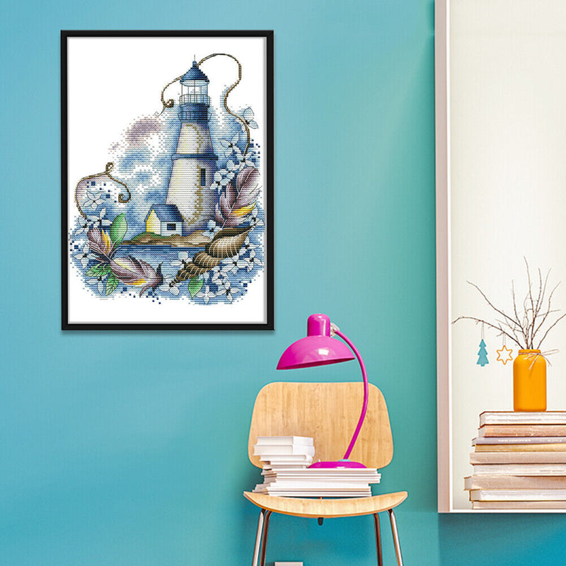Cross Stitch Kit DIY Blue Lighthouse 14CT Stamped Needlework 22X29cm (F965)