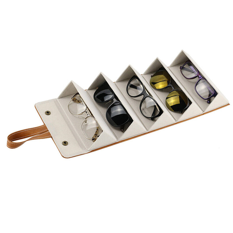 5 Grid Portable Glasses Display Box Folding Leather Sunglasses Bag (Brown) Newly