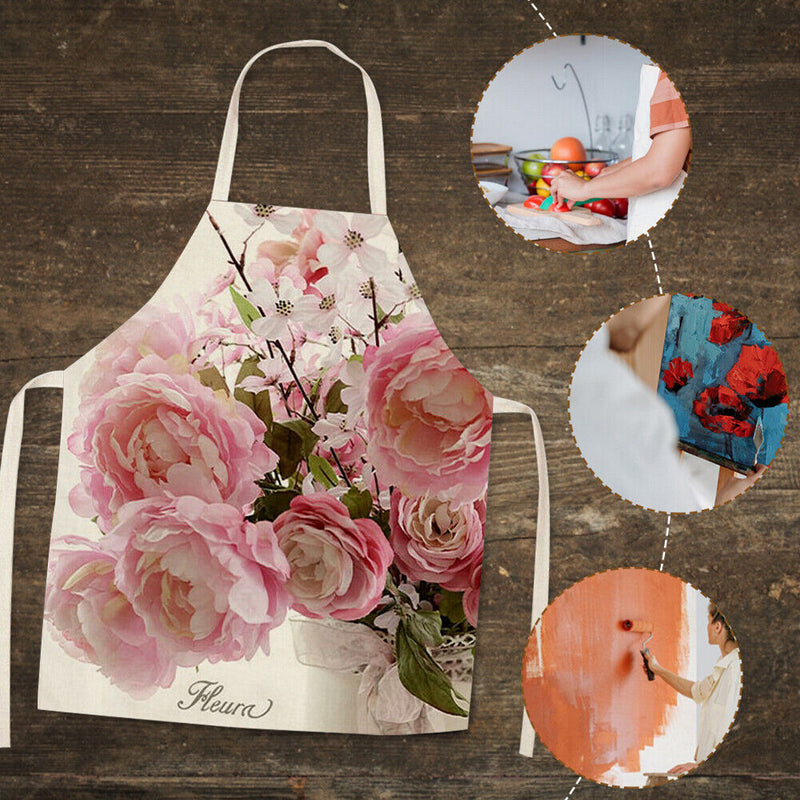 Pink Flower Print Apron Linen Waterproof Cooking Bibs Kitchen (82x68cm)