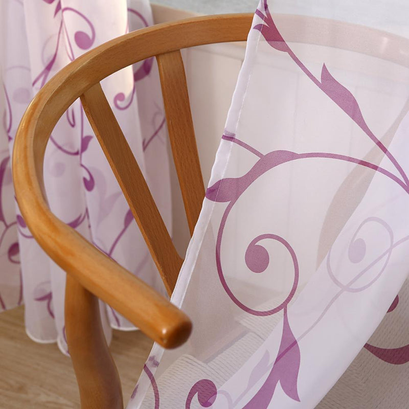 Transparent Voile Floral Print Curtains Bedroom Window Door Curtain (Purple