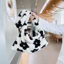 Fashion Women Flower Plush Shoulder Bag Winter Hit Color Handbag (Black)