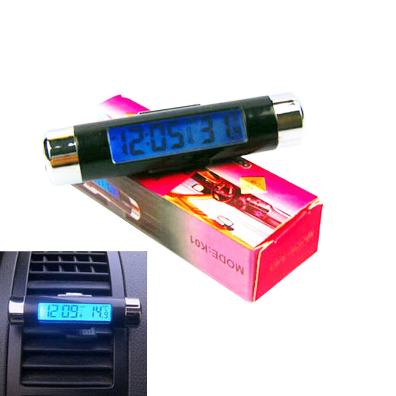 2 in 1 Blue Backlight Digital LCD Car Air Outlet Clip-on Clock Thermometer Newly