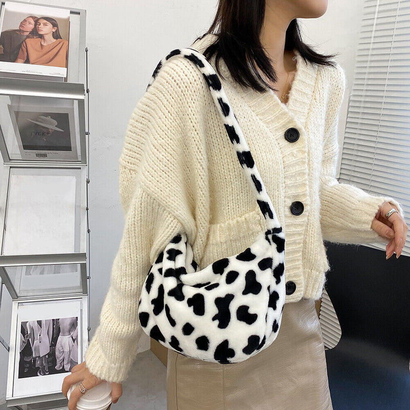 Casual Cow Printed Handbag Women Shoulder Crossbody Bag Plush Dumpling Tote