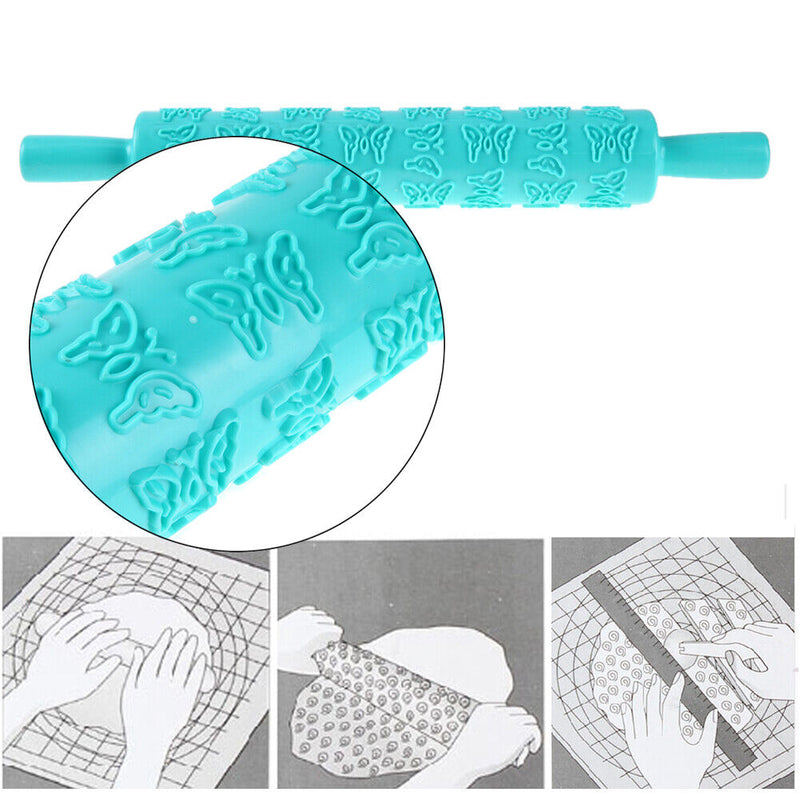 Rolling Pin Pattern Baking Tool Fondant Embossed Mold Cake Deco(Water Blue)