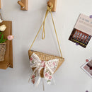Lace Bow Women Bucket Straw Crossbody Bag Female Retro Summer Beach Handbag