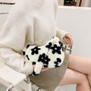 Women Plush Flower Pattern Handbag Lady Winter Warm Small Shoulder Bag