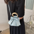 Bow Tie Bucket Crossbody Bag Women Leather Round Wooden Handle Shoulder Handbag