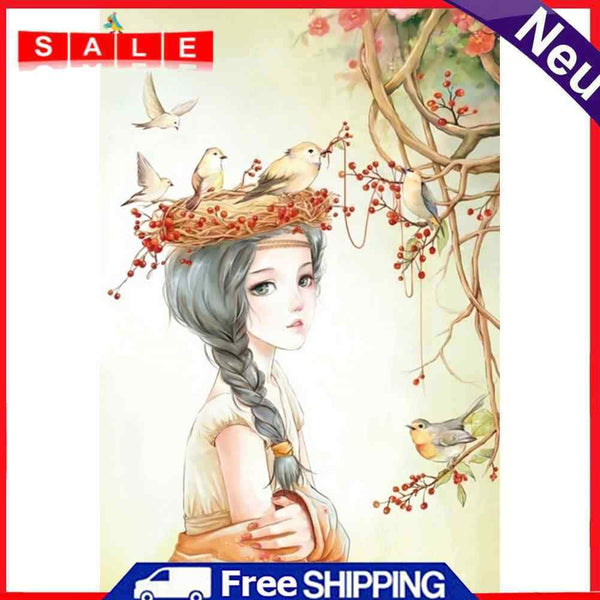 DIY Digital Oil Painting Kit Girl with Birds Abstract Acrylic Paint by Numbers