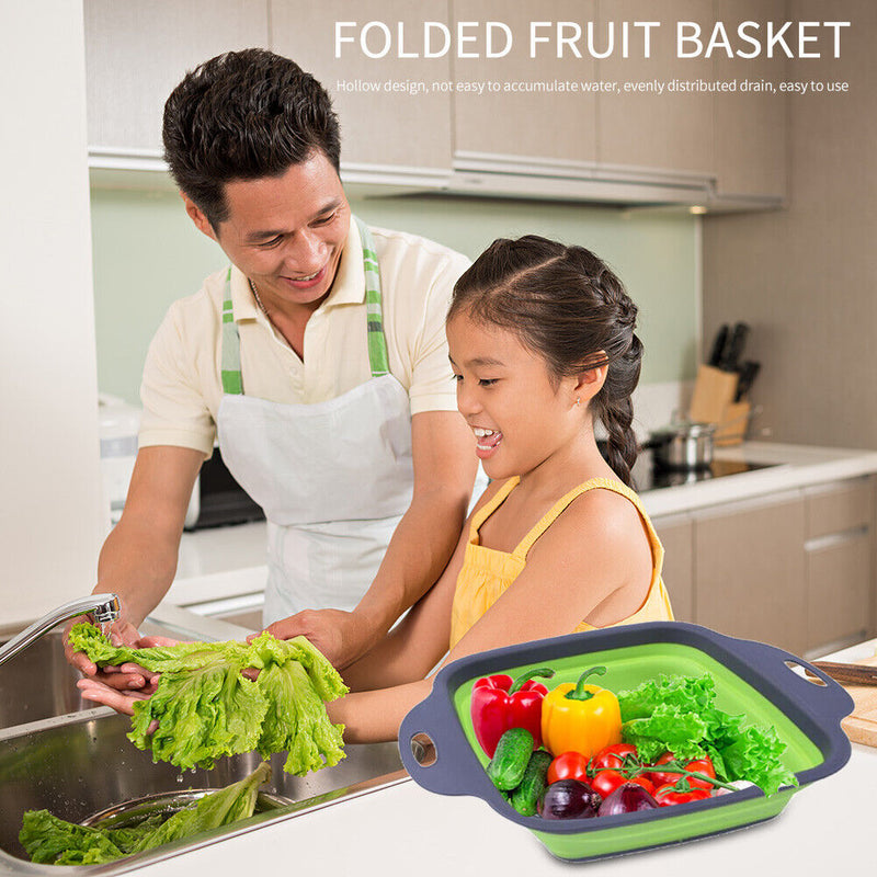 Folding Silicone Drain Basket Fruit Vegetable Washing Strainer (Green L)