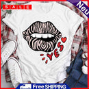 Valentines Day Zebra Pattern Lips Print Women Short Sleeve T-Shirt White S-3XL