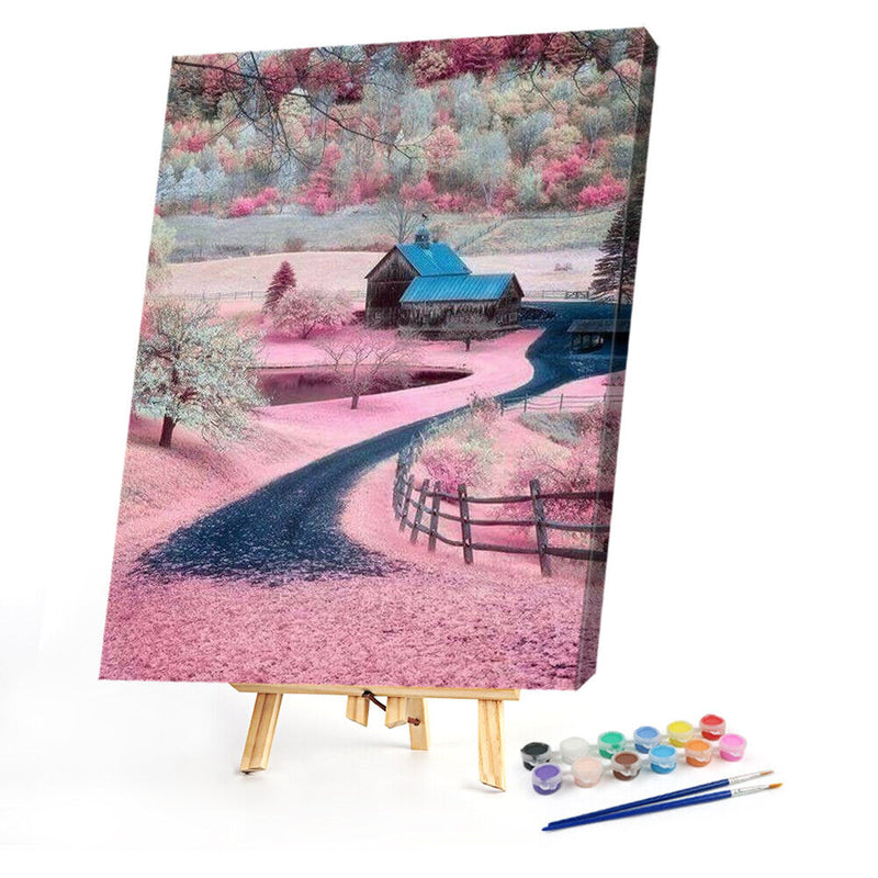 Frameless Oil Paint By Numbers Pink Village DIY Canvas Picture Craft Kit