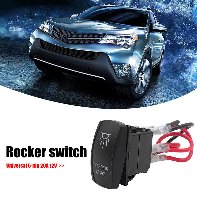 LED Blue INTERIOR LIGHT Rocker Switch with Wires 5-Pin 12V 20 Amp Universal Car