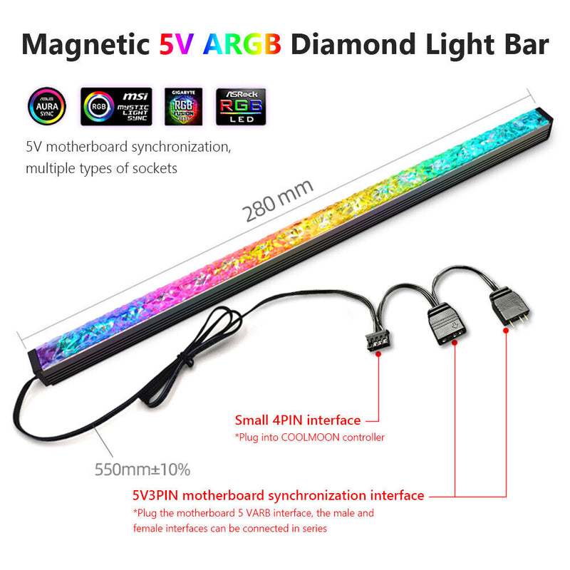 ARGB LED Strip Light 5V 3Pin/Small 4Pin Diamond Magnetic Lamp Bar (Black) Newly