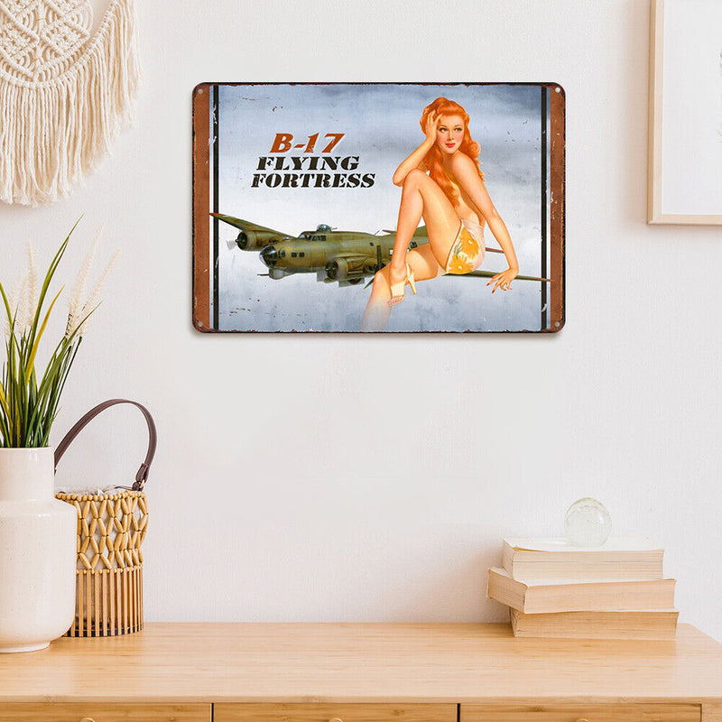 Flying Fortress Girl Metal Sign Plaque Wall Poster Decor for Home Cafe Bar