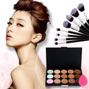 15 Colors Makeup Concealer Palette + 8PC Powder Brush + Sponge Foundation