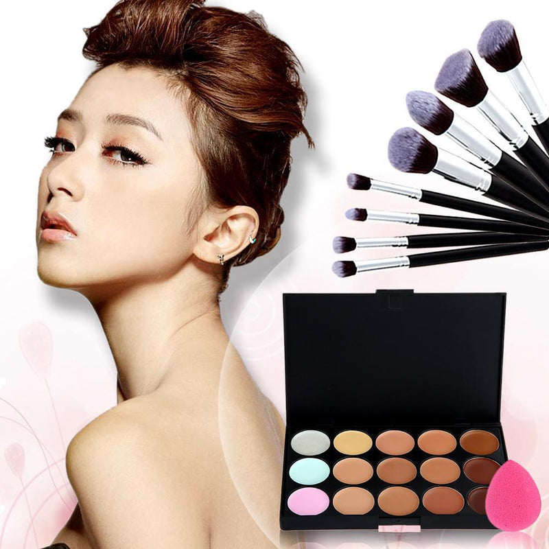 15 Colors Makeup Concealer Palette + 8PC Powder Brush + Sponge Foundation