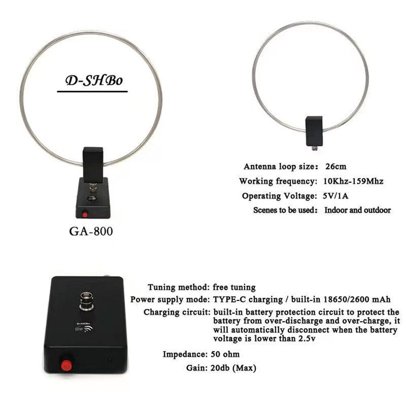 GA800 Active Loop Antenna 10KHz-159MHz RF Short Wave Small Antenna for Radios
