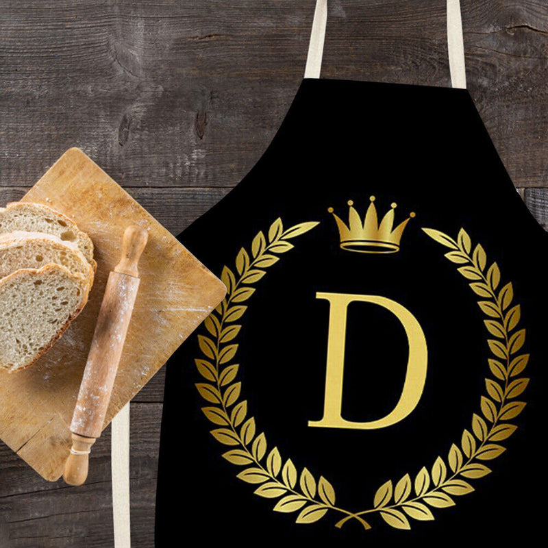 Letter D Printed Linen Apron Kitchen Waterproof Pinafore for Women Men Household
