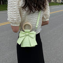 Sweet Bow Tie Mini Leather Bucket Crossbody Bag Women Round Wooden Handle Purse