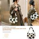 Portable Fluffy Flower Printed Satchel Autumn Women Plush Handbags Underarm Bag