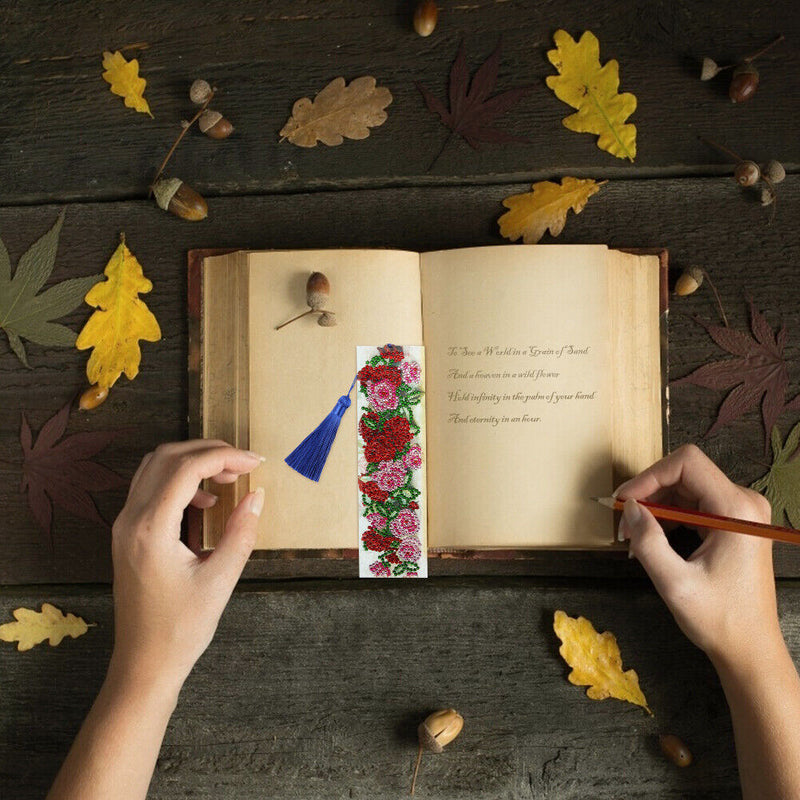 DIY Special Shape Diamond Painting Leather Tassel Bookmark Rose Craft for Books
