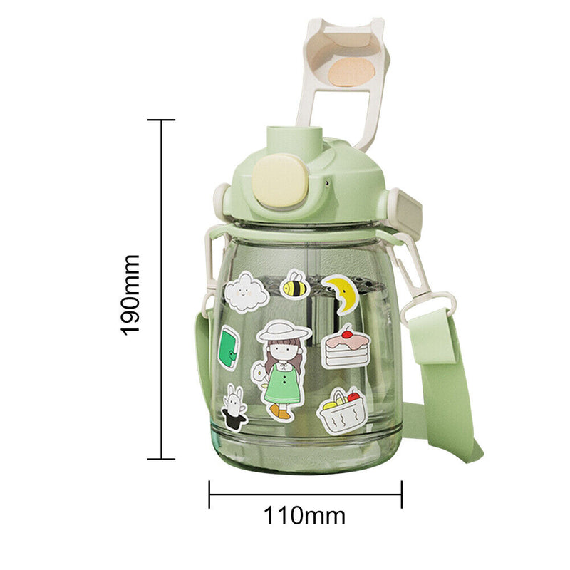 1100ml Straw Big Belly Water Cup Drinking Water Bottle w/ Stickers (Green) Newly