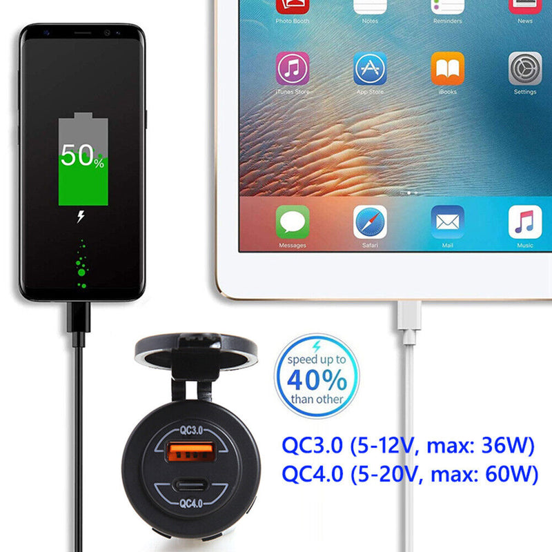 Waterproof Car Boat Dual USB Charger QC 3.0 + QC 4.0 Type C Power Outlet Newly