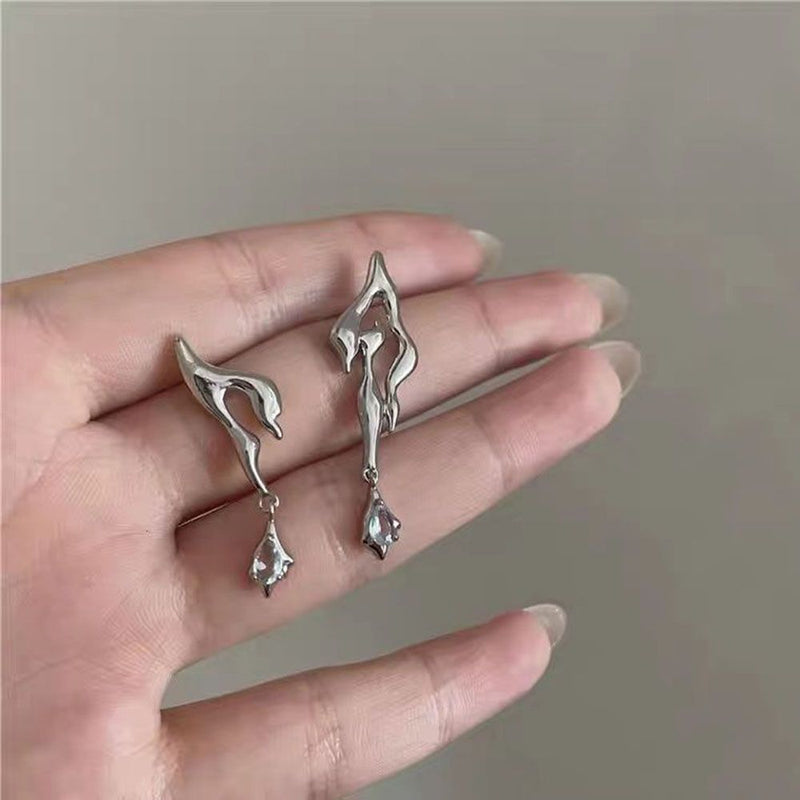 Woman Man Asymmetrical Irregular Cool Zircon Geometric Liquid Metal Earrings
