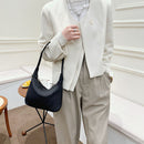 Women Nylon Solid Color Crescent Handbag Zipper Top-handle Bag (Black)
