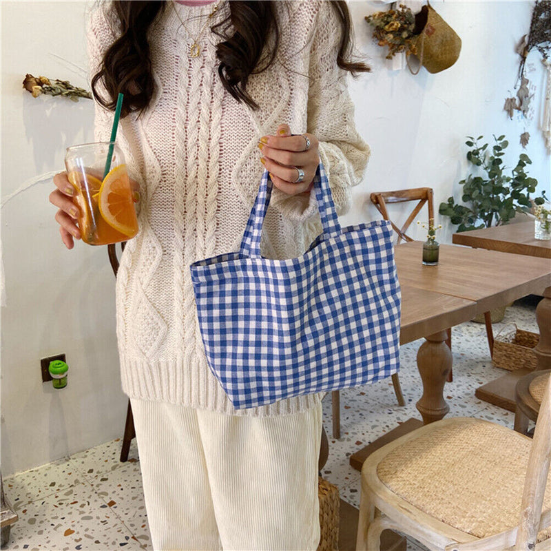 Women Portable Cloth Shopping Handbag Simple Plaid Picnic Large Capacity Tote