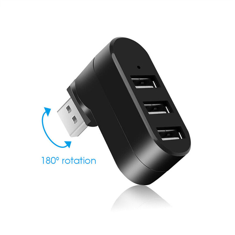 Mini Rotatable 3 Port USB Hub U Disk Reader Splitter for PC (USB 2.0 Black)