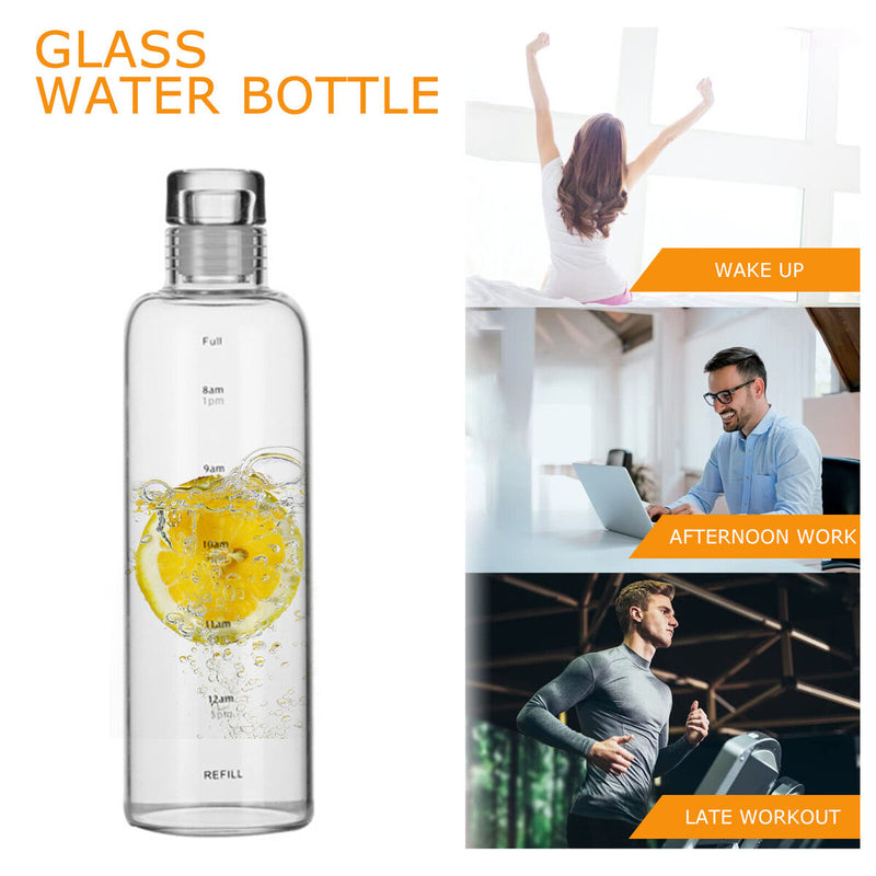 Motivational Glass Water Bottle Time Marker & Leakproof Design (500ml) Newly