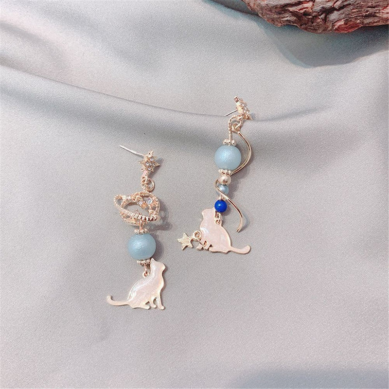Elegant Jewelry Sweet Starlight Asymmetric Earrings Cute Cat Rhinestone Tassel