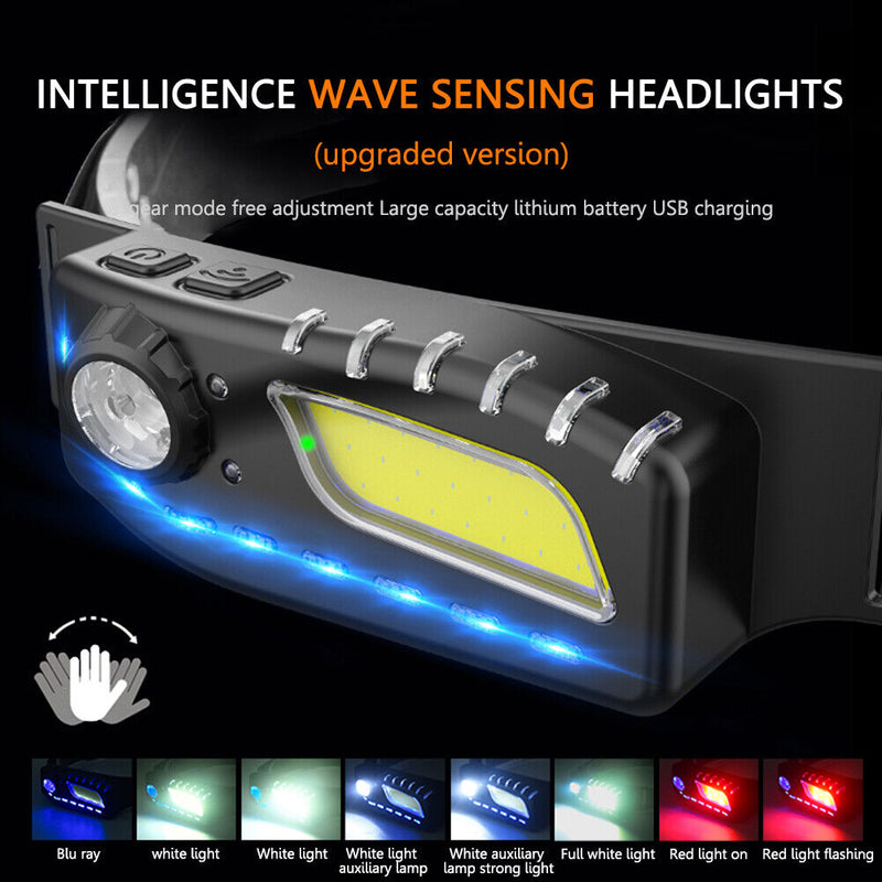 XPE COB LED Rechargeable Headlamp Induction Headlight Sensor Camping Flashlight