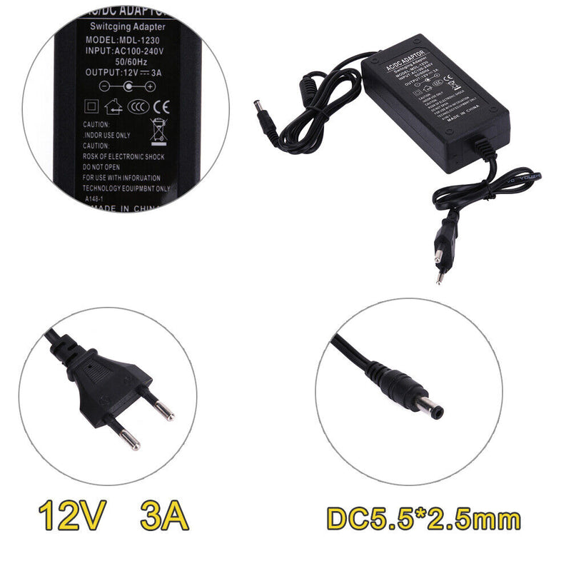 12V 3A AC to DC Power Adapter Dual Cable Converter Universal 5.5x2.1-2.5mm