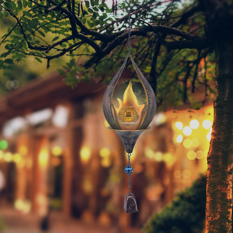 Metal Iron Art Solar Powered Flame LED Lights Hanging Wind Chimes Windows Decor