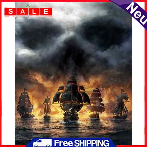 Oil Paint by Numbers Fire Ship Canvas Artwork Living Room Picture Decoration Kit