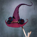 Halloween Party Felt Witch Hat - Foldable Handmade Witch Hat with Flowers Prop