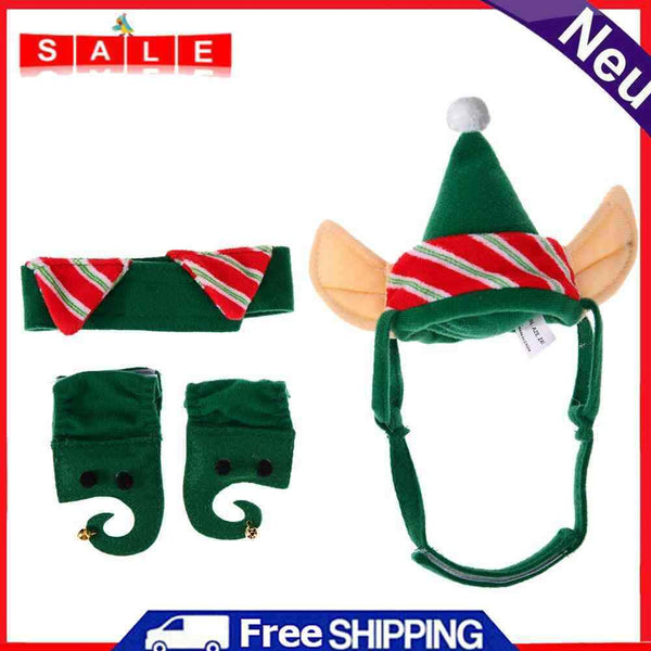 4pcs Set Pet Hat Warm Dogs Cats Christmas Green Hat + Chain +