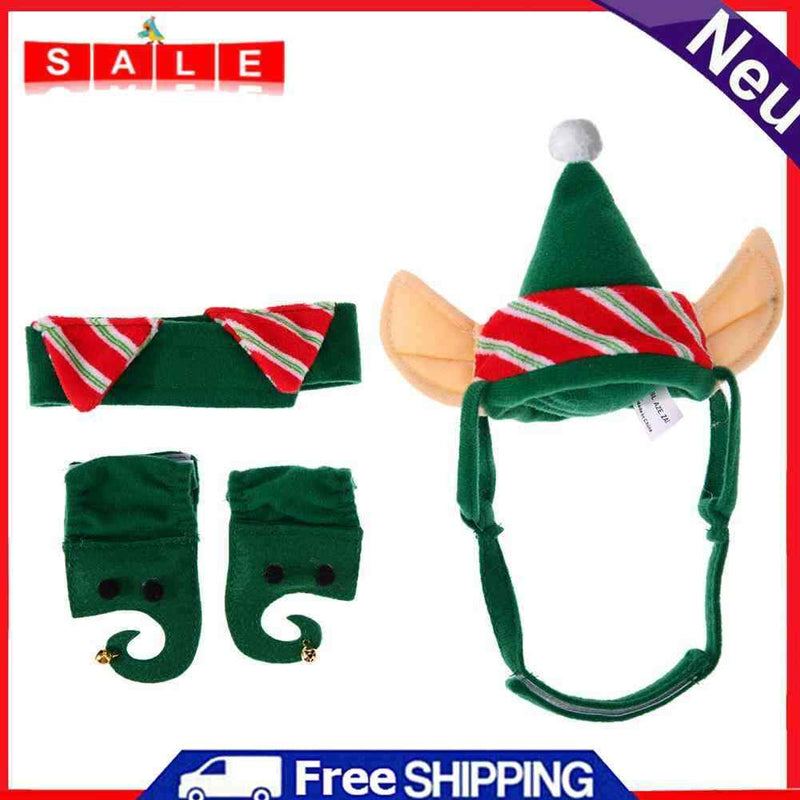 4pcs Set Pet Hat Warm Dogs Cats Christmas Green Hat + Chain +