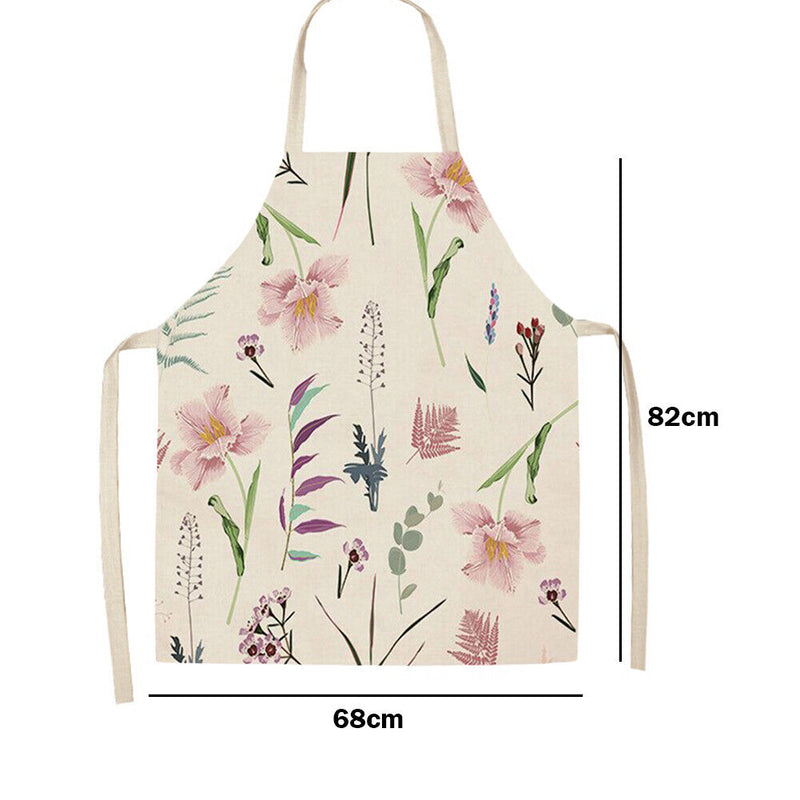 Fresh Flower Printed Linen Apron Kitchen Waterproof Bibs Pinafore (82x68cm)
