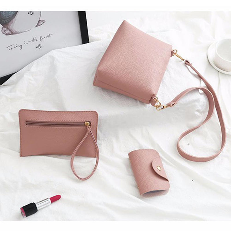 4pcs Set Women Bag Fashion Solid PU Single Shoulder Messenger Bags(Pink)