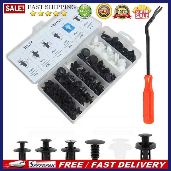 100 in 1 Universal Car Clips Auto Rivets Fasteners Assortment + 6 inch Remover